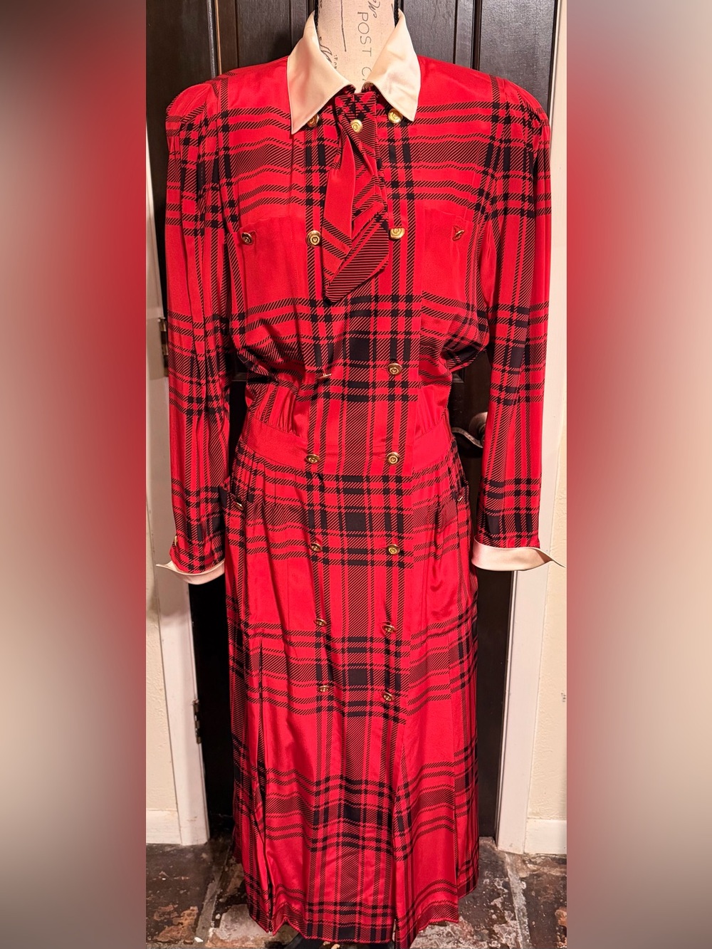 VTG 80s Louis Feraud W. Germany Silk Plaid Dress 12 Removable Collar Cuffs